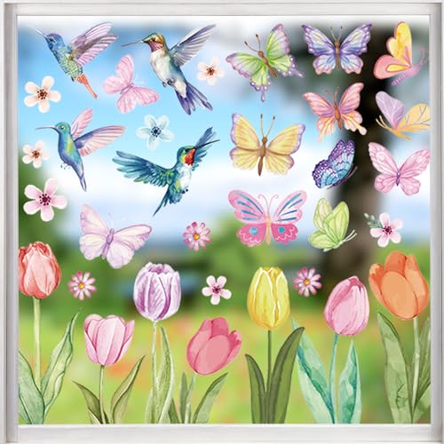 8 Stück Blätter Fensterbilder Frühling Selbstklebend, Doppelseitig mit Schmetterling Blumen Selbstklebend Sticker, Wiederverwendbar Fenster Aufkleber, für Frühling und Sommer Glas Kinderzimmer Deko von GLQSLQ