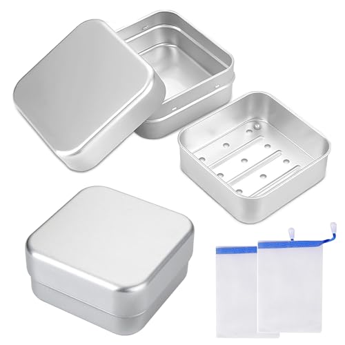 GLQSLQ 2 Stück Seifendose aus Aluminium, Portable Wasserdicht Klein Seifenbox, Edelstahl Metall Seifenschale, mit Abtropfgitter, für Familien- oder Reisezwecke von GLQSLQ