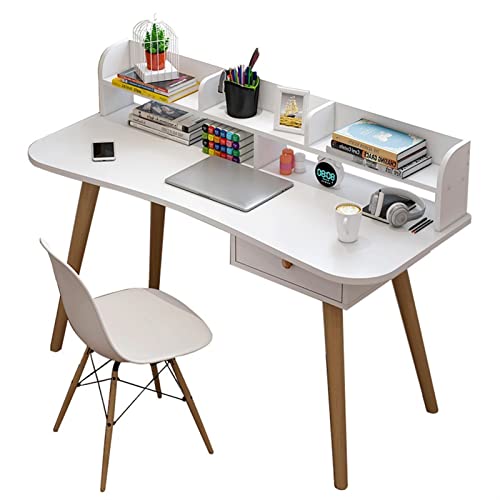 Bürotisch Weißer, moderner, minimalistischer Schreibtisch mit Holzbeinen, Desktop-PC-Laptop-Schreibtisch mit Aufbewahrungsregal, Heim-Schlafzimmer-Möbel, Schlafsaal, Studenten-Schreibtisch PC-Tisch von GLigeT