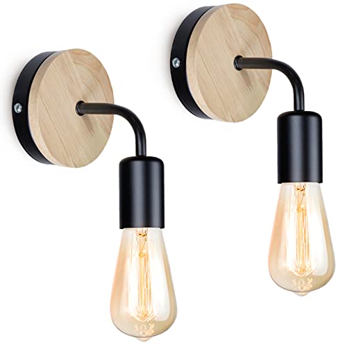 GOCBOBO 2 Stücke Vintage Innen Holz Wandleuchte E27 Metall Lampenkopf LED Wandlampe für Flur Schlafzimmer Wohnzimmer Innenbeleuchtung Schwarz (Ohne Glühbirne) von GOCBOBO