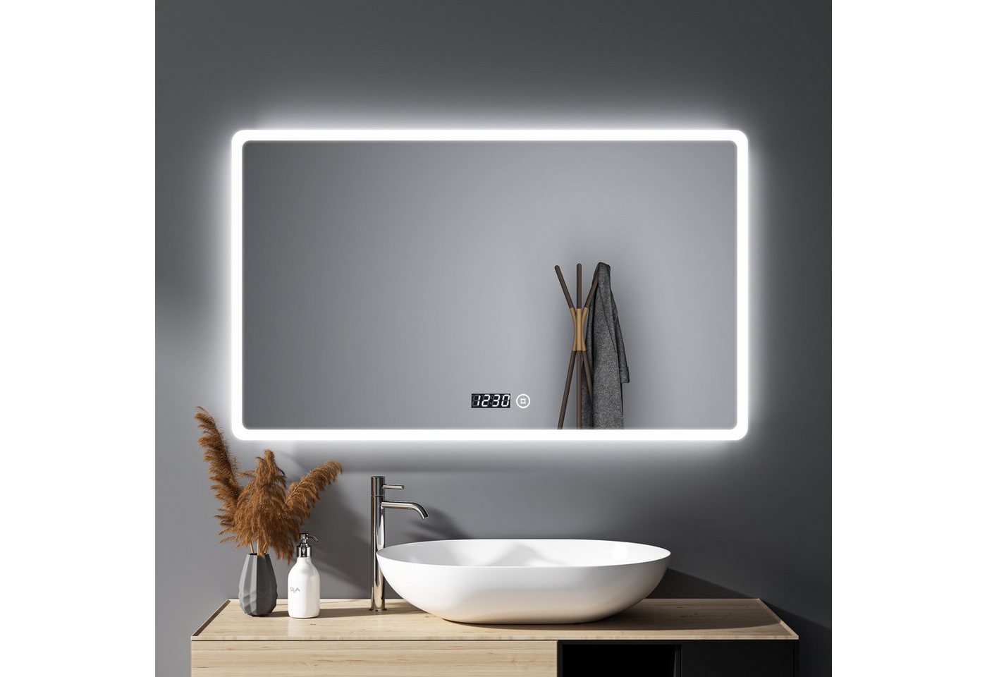 WDWRITTI Badspiegel Badezimmerspiegel Led 100x60 cm Uhr 3Farben Helligkeit dimmbar Memory (Wandspiegel mit Beleuchtung Spiegel Bad Led, Touch, Wandschalter), Speicherfunktion, energiesparender, IP44 von WDWRITTI