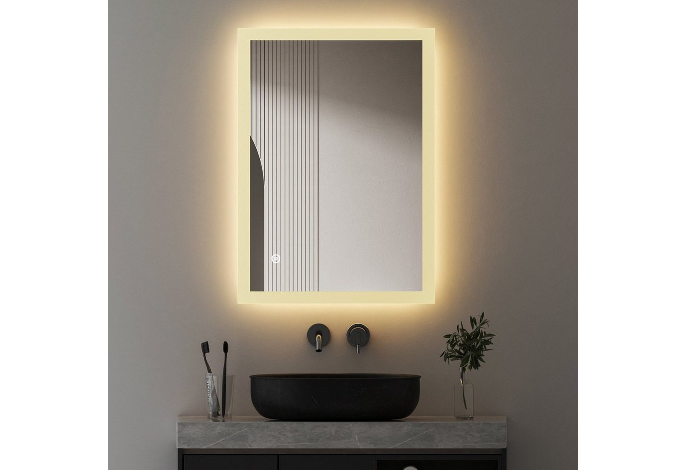 WDWRITTI Spiegel Bad mit Warmweiß beleuchtung Badspiegel Led Touch Uhr Wandschalter (Badezimmerspiegel Rund Rechteckig, 3 Lichtfarben, Helligkeit einstellbar), Speicherfunktion, IP44 von WDWRITTI