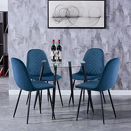 GOLDFAN Esstisch Set mit Glas Esstisch und 4 Samt Stühlen Glastisch und Blau Stuhl Runder Tisch für Wohnzimmer Küche Büro von GOLDFAN
