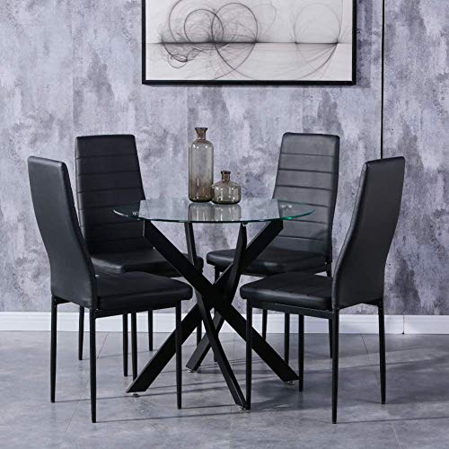 GOLDFAN Esstisch mit 4 Stühlen Esstisch Rund Glas Moderner Küchentisch Esszimmerstuhl aus Leder Küchenstuhl, Schwarz von GOLDFAN