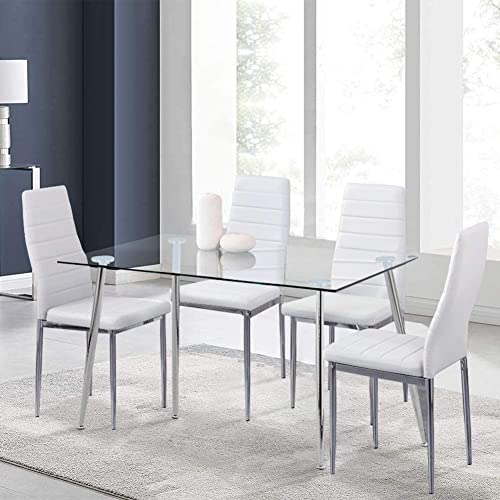 GOLDFAN Esstisch mit 4 Stühlen Set Rechteckiger Esstisch aus Glas Küchentisch Glas Tisch Esszimmerstuhl aus Leder Küchenstuhl, Silber+Weiß von GOLDFAN