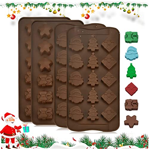 GOLRISEN 4 Stück Weihnachten Schokoladenformen Silikon Pralinenform Lebensmittelqualität Backformen zum Backen mit 5 Verschiedene Muster Wiederverwendbare Silikonform für Süßigkeiten Gelee Pudding von GOLRISEN