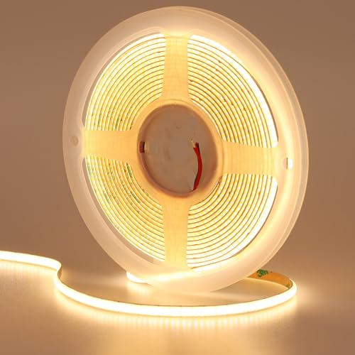 GOMING 12V 5mm Breite COB LED Streifen Warmweiss 3000K 5M 400LED/M Warmweiß LED Band Selbstklebend CRI 93+ Hohe Helligkeit Nicht Wasserdicht IP20 LED Strip für Innen Heim Küche Deko(Nur Strip) von GOMING