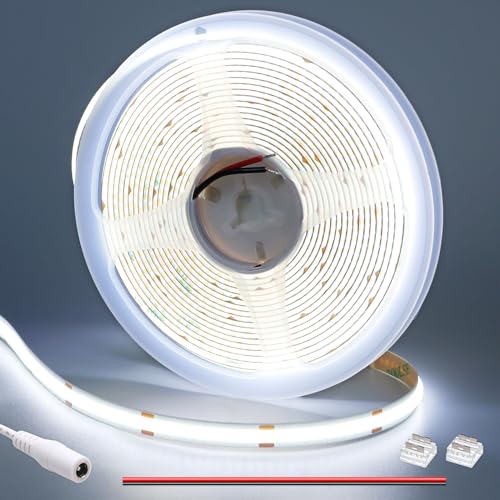 GOMING 12V COB LED Strip Kaltes Weiß 6000K 5M LED Streifen 11W/M 312LED/M LED Band Selbstklebend CRI 93+ Hohe Helligkeit Nicht Wasserdicht IP20 LED Lichtband für Innen Heim Küche Deko(Nur Strip) von GOMING