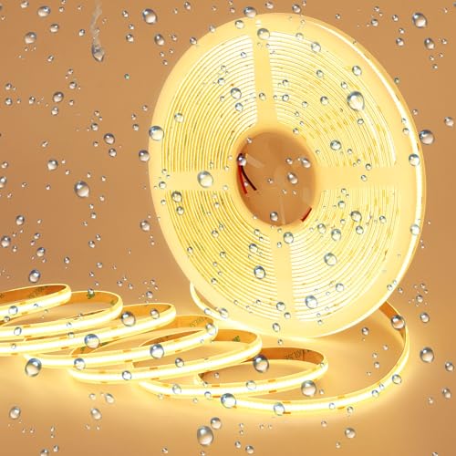 GOMING 24V 15M COB LED Streifen Warmweiss 3000K Wasserdicht IP65 LED Strip 384LED/M Warmweiß LED Band Selbstklebend CRI 93+ Hohe Helligkeit 11000lm LED Lichtband für Heim Küche Deko(Nur Strip) von GOMING