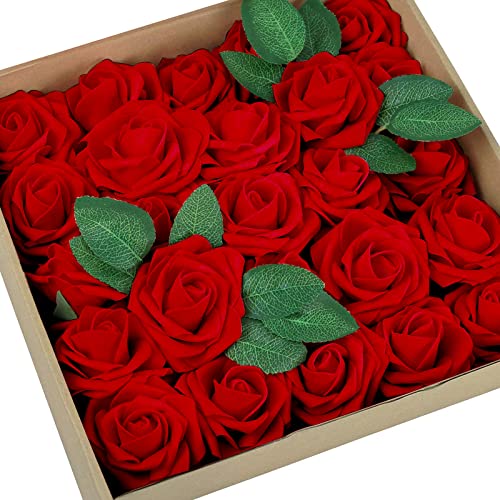 GONICVIN Künstliche Blumen, 50 Pcs künstliche Rosen gefälschte Blumen mit Stängeln, lebensechte DIY Handwerk Blumensträuße für Hochzeit, Party, Haus, Valentinstag Dekorationen (Rot) von GONICVIN