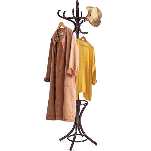 GOPLUS Garderobenständer, Garderobe aus Holz, Kleiderständer mit Schirmständer, Garderobe-Aufhänger mit 12 Kleiderhaken, Farbewahl, 184cm (Rotbraun) von GOPLUS