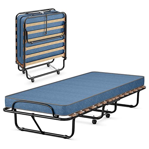 GOPLUS Klappbett, 185 x 80 cm, mit Matratze von 6,5 cm, 15 Latten, 4 Rollen, Beistellbett mit Memory-Schaum-Matratze für 1 Person, Belastung 120 kg, für Gäste und Othopädische von GOPLUS