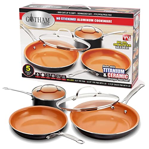 GOTHAM STEEL 5-teiliges Kitchen Essentials Kochgeschirr-Set mit Ultra-antihaftbeschichteter Kupferoberfläche, spülmaschinenfest, Cool-Touch-Griffen - inklusive Bratpfannen, Stock Pot, und Glasdeckel von GOTHAM STEEL