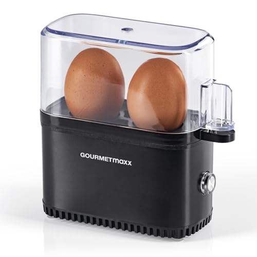 GOURMETmaxx Eierkocher für 2 Eier | Elektrischer, energiesparsamer Egg Cooker mit einfacher Bedienung für perfekte Frühstückseier | Mit Messbecher & Ei-Pick | Kompaktes Design & BPA frei [Schwarz] von GOURMETmaxx