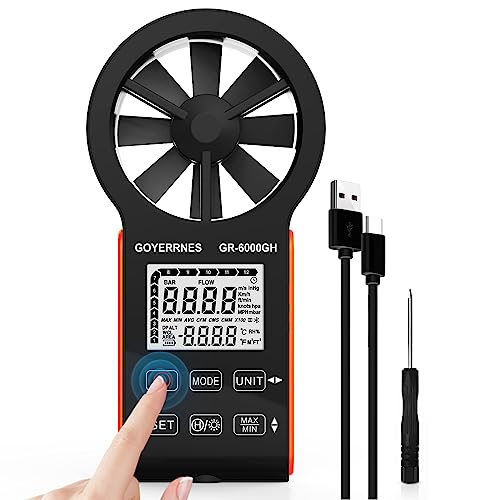 Handheld Windmesser Digitaler Anemometer,GR-6000GH Air Flow geschwindigkeits Windgeschwindigkeits CFM Messgerät Messung der Luftgeschwindigkeit Luftvolumen Temperatur für HVAC, Bootsegeln, Schießen von GOYERRNES