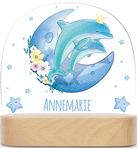 GRAVURZEILE Personalisiertes Kinder Nachtlicht - Mond Design - LED Nachttischlampe für das Kinderzimmer - Personalisierte Geschenke für Kinder & Babys - Geschenk zur Geburt - Babygeschenk - Delfin von GRAVURZEILE