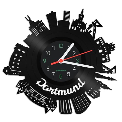 GRAVURZEILE Schallplattenuhr - Skyline Dortmund 2017 - Wanduhr aus gegossenem Vinyl mit Stadt Skyline - 30 cm - Upcycling Designer Uhr - Moderne Wanduhr im Retro Vintage Style - Made in Germany von GRAVURZEILE