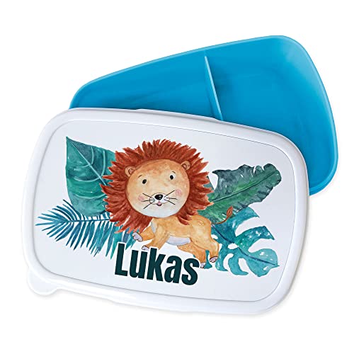 GRAZDesign Brotdose Kinder personalisiert, Lunchbox Kindergarten und Schule, Brotbox in Blau mit Unterteilung, Name und Löwe, Geschenk zu Einschulung von GRAZDesign