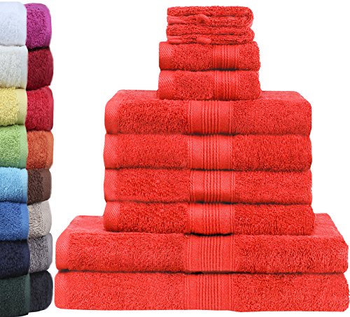 GREEN MARK Textilien 10 TLG. FROTTIER Handtuch-Set mit verschiedenen Größen 4X Handtücher, 2X Duschtücher, 2X Gästetücher, 2X Waschhandschuhe | Farbe: Rot | Premium Qualität von GREEN MARK Textilien
