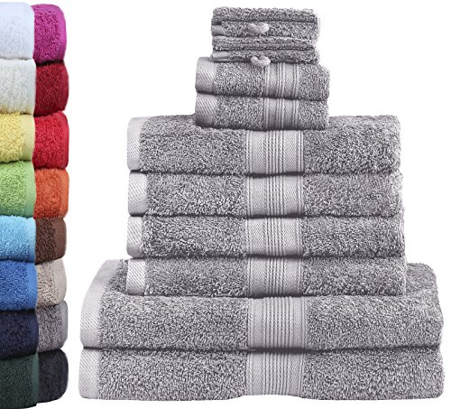 GREEN MARK Textilien 10 TLG. FROTTIER Handtuch-Set mit verschiedenen Größen 4X Handtücher, 2X Duschtücher, 2X Gästetücher, 2X Waschhandschuhe | Farbe: Silber grau | Premium Qualität von GREEN MARK Textilien