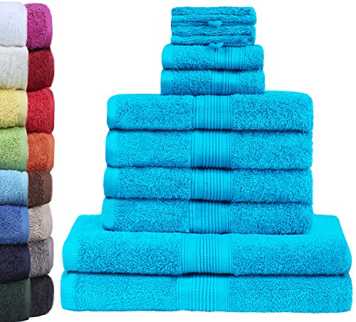 GREEN MARK Textilien 10 TLG. FROTTIER Handtuch-Set mit verschiedenen Größen 4X Handtücher, 2X Duschtücher, 2X Gästetücher, 2X Waschhandschuhe | Farbe: Türkis | Premium Qualität von GREEN MARK Textilien