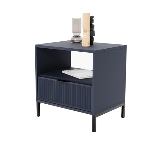 GREKPOL Nachttisch Wave mit Schublade 55cm Komforthöhe Ablage Schlafzimmer Nachtschrank Nachtkästchen Nachtkommode Moderner Nachtschrank Metall Beine (Indigo) von GREKPOL