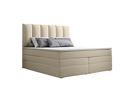 Grekpol- Boxspringbett mit Bonell und Taschenfederkern-Matratze H3 (2x18 cm) und Topper 5 cm, Polsterbett mit Bettkasten -Long Duo (Beige (Riviera 21), 180x 200 cm) von GREKPOL