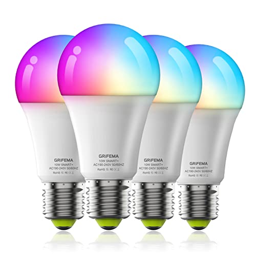 GRIFEMA Alexa Smart WLAN Bluetooth Glühbirnen E27, 10 W RGB Mehrfarbrige Dimmbare LED Birne Lampe, Warmweiß-Kaltweiß, App Steuern Kompatibel mit Alexa Echo, Google Home, kein Hub benötigt, 4 Stück von GRIFEMA