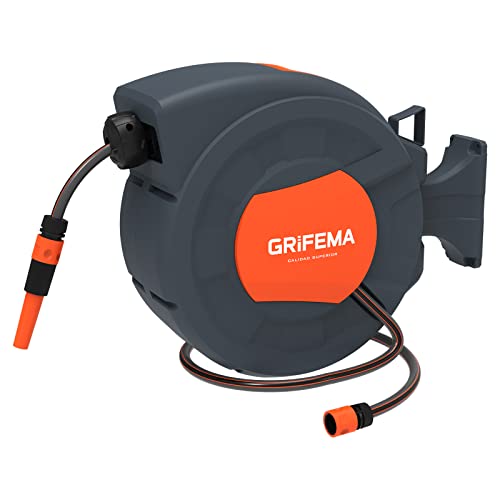 GRIFEMA G301-15, Schlauchtrommel zur Wandmontage, Schlauchbox mit 15m Schlauch, Wandschlauch-Aufroller mit 180° Drehung, Automatische Aufrollung mit verstellbarer Düse von GRIFEMA