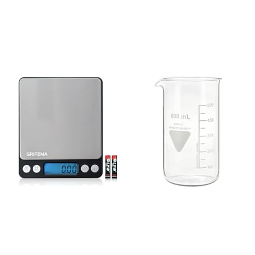 GRIFEMA Küchenwaage Digitale Profi (Hochpräzise 0.01g-500g) & RASOTHERM Becherglas hohe Form mit Ausguss, (Boro 3.3), 600 ml von GRIFEMA