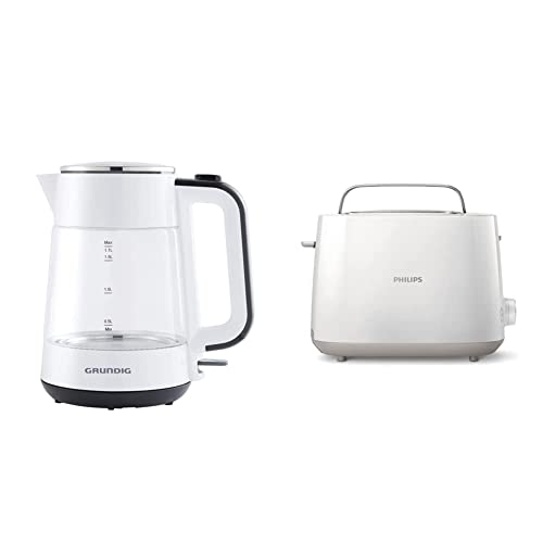 Grundig WK 5860 Wasserkocher, Glas, 2400W, 1,7 l, 2400, Aluminium, 1 Liter, Weiß/Schwarz & Philips Toaster – 2 Toastschlitze, 8 Stufen, Brötchenaufsatz, Auftaufunktion, Liftfunktion, weiß (HD2581/00) von GRUNDIG