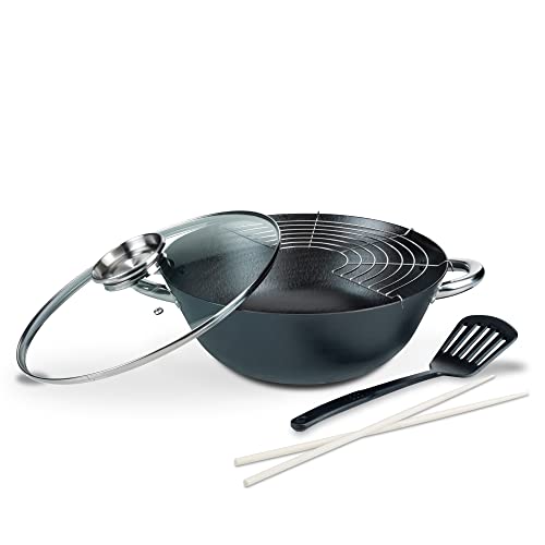 GSW 860956 GUSSEISEN PROFESSIONELL Multifunktionstopf/Wok-Set mit Glasdeckel 32cm / 5-teilig/ca. 6,2 Liter, schwarz, 32 cm, 5-Einheiten von GSW