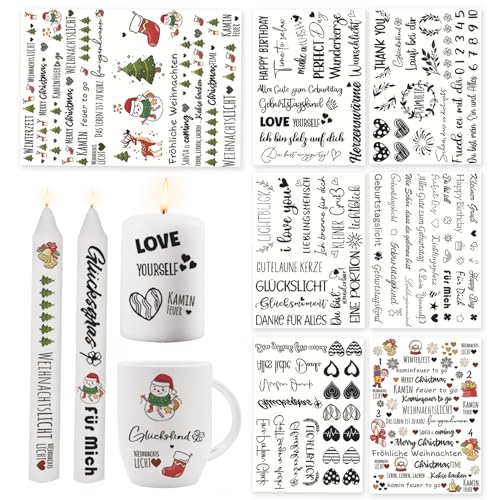 7 Stück Kerzentattoo Wassertransferdruck, Kerzentattoos Weihnachten, Wasserschiebefolie Kerzen, DIY Kerzen Dekorieren, Kerzenaufkleber Weihnachts Stickerfür Adventskerzen und Keramik A4 Bogen (A) von GUAHKUN