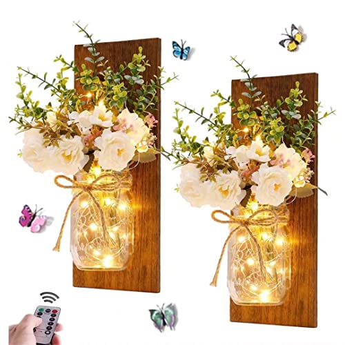 GUANSHAN 2PCS Einmachglas Wandleuchten, LED-Streifenleuchten mit künstlicher Blume und Holzplatte Rustikale Wandleuchten Hängelaterne für Schlafzimmer, Garten, Wanddekoration von GUANSHAN