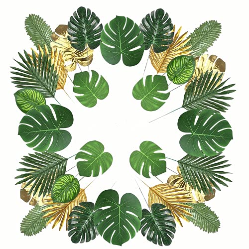 GUJIN 78 Stück 12 Arten Künstliche Palmblätter mit Stielen, Tropische Pflanze Palm Blätter und Monsterablätter, Plastikpalmenblätter für Hawaiische Luau Dschungel Strand Thema Tischdekoration von GUJIN