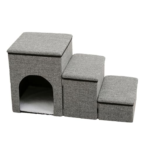 Hundetreppe 3 Stufen mit Höhle,Katzentreppe Faltbare Haustiertreppe mit Stauraum,Tiertreppe für Kleine Hunde Katzen,3-in-1 rutschfeste Haustierrampe für Sofa & Bett Grau von GUOCU