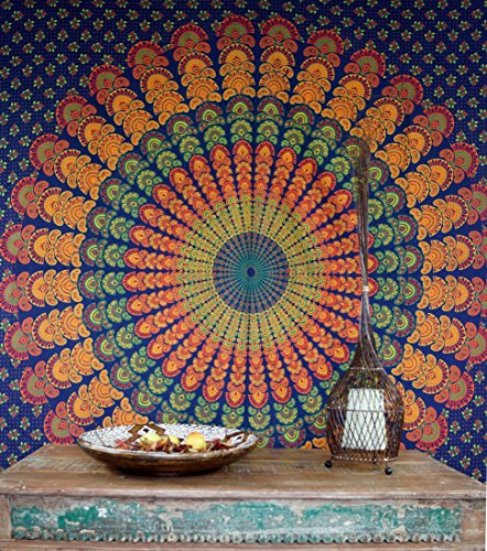 GURU SHOP Boho-Style Wandbehang, Indische Tagesdecke Mandala Druck - Blau/orange/grün, Baumwolle, 220x210x0,2 cm, Bettüberwurf, Sofa Überwurf von GURU SHOP