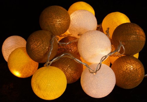 GURU SHOP Stoff Ball Lichterkette, LED Kugel Lampion Lichterkette - Gelb/braun/weiß, Baumwollfäden, 7x7x350 cm, Lichterketten von GURU SHOP