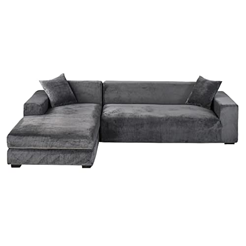 GUYIRT Samt Sofabezug L Form, 2-teiliger Stretch L Form Sofa überzug rutschfest Couchbezug L Form Weicher Möbelschutz Für Ecksofa -dunkelgrau-3+3 Sitzer von GUYIRT