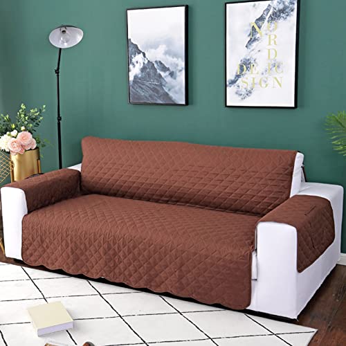 Reversibel Sofahusse Gesteppt Möbel Protector mit elastischen Trägern einfarbig Universal Sofabezug für Haustierkind -Kaffee-55 x 195 cm von GUYIRT