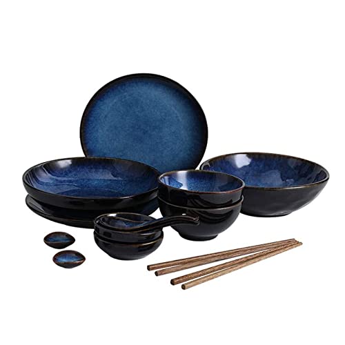 JBKNAN 14 teilig Keramik Geschirr Set mit Suppenschüssel Reisschale Teller Löffel essstäbchen für 2 Personen japanische - Blaue,Schüssel Retro von JBKNAN