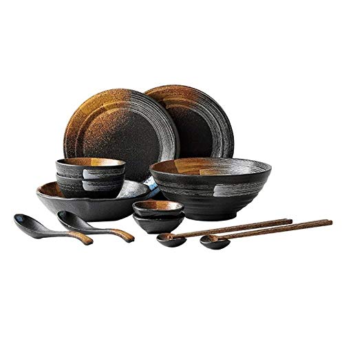 Schüssel Retro Keramik Geschirr Set Suppenschüssel/Reis Schüssel/Teller/Löffel/Essstäbchen, 2-6 Personen japanische Geschirr Set Geschirr (größe : 14 pieces) von JBKNAN