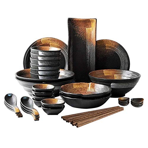 Retro Keramik Geschirr Set Suppenschüssel/Reis Schüssel/Teller/Löffel/Essstäbchen,Geschirr Set für 6 Personen (größe : 38 Pieces) (A) von JBKNAN