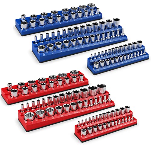 GYMAX 6-teiliges Aufsteckschienen-Set, 1/4 Zoll, 3/8 Zoll & 1/2 Zoll Steckschlüsselablage-Set, Steckhalter-Kit, Rot in Zoll (SAE), Blau in mm, für flache & tiefe Steckschlüssel von GYMAX