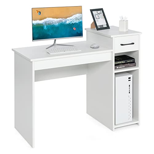 GYMAX Computerschreibtisch mit Aufbewahrungsregal, moderner Schreibtisch mit Schublade, vielseitiger Heimbüroschreibtisch, Laptoptisch für Studierzimmer, Wohnzimmer & Büro (White) von GYMAX