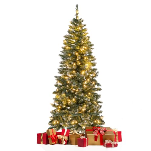 GYMAX Künstlicher Weihnachtsbaum 150/180 cm, Tannenbaum mit 408/618 PVC-Spitzen, Kunstbaum Christbaum mit Schnee & 200/250 LED-Leuchten, für Zuhause & Büro (150 cm) von GYMAX