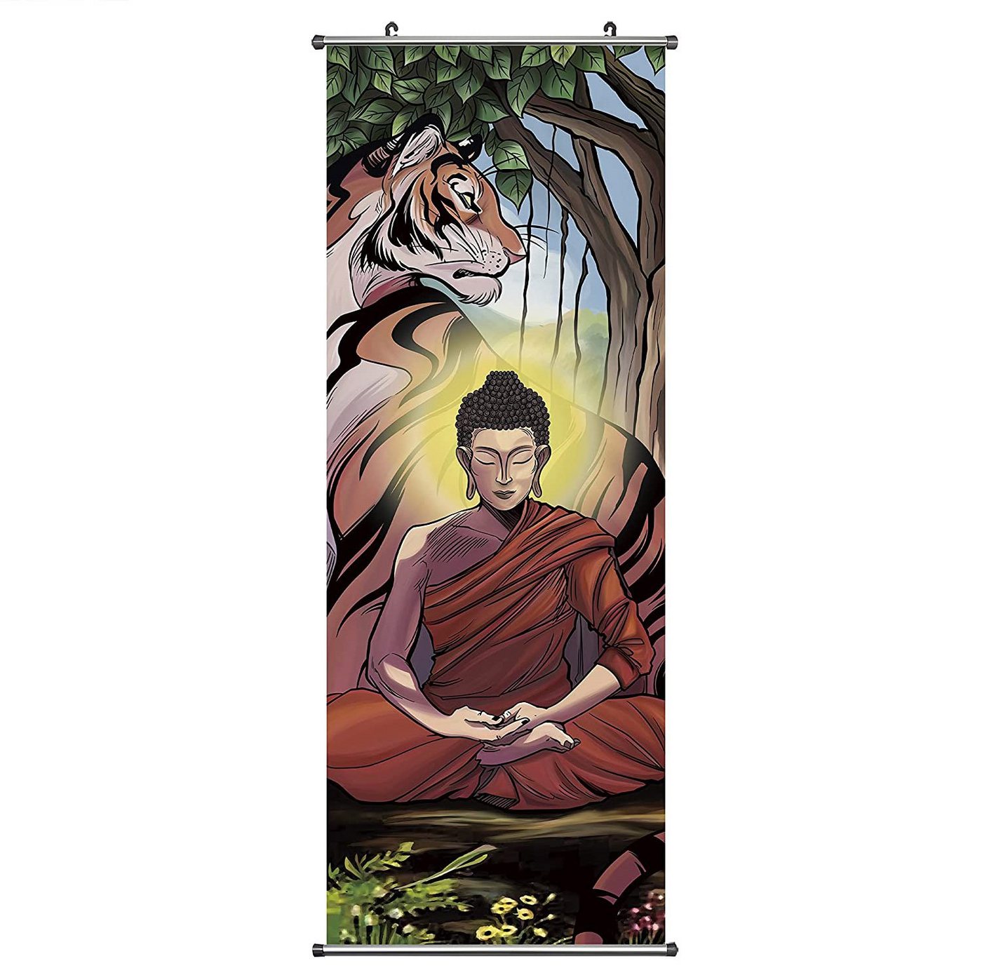 GalaxyCat Poster Asiatisches Buddha Kakemono, Rollbild aus Stoff 100x40cm, Motiv:, Tiger, Buddha Rollbild / Wallscroll von GalaxyCat