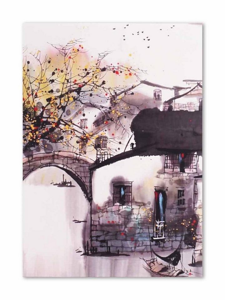 GalaxyCat Poster Traditionelle Chinesisches Wandbild auf Hartschaumplatte, Asiatisches, Brücke am Fluß, Traditionelles Chinesisches Wandbild - Brücke am Fluß von GalaxyCat