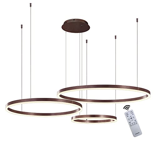 LED Pendelleuchte Modern Dimmbar Pendellampe Esstischlampe 45W 3-Ring Höhenverstellbar Hängeleuchte Braun Aluminium Acryl Kronleuchter mit fernbedienung Wohnzimmer Esszimmer Hängelampe 20+40+60cm von GaoHX