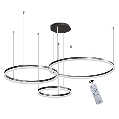 LED Pendelleuchte Modern Dimmbar Pendellampe Esstischlampe 45W 3-Ring Höhenverstellbar Hängeleuchte Schwarz Aluminium Acryl Kronleuchter mit fernbedienung Wohnzimmer Esszimmer Hängelampe 20+40+60cm von GaoHX